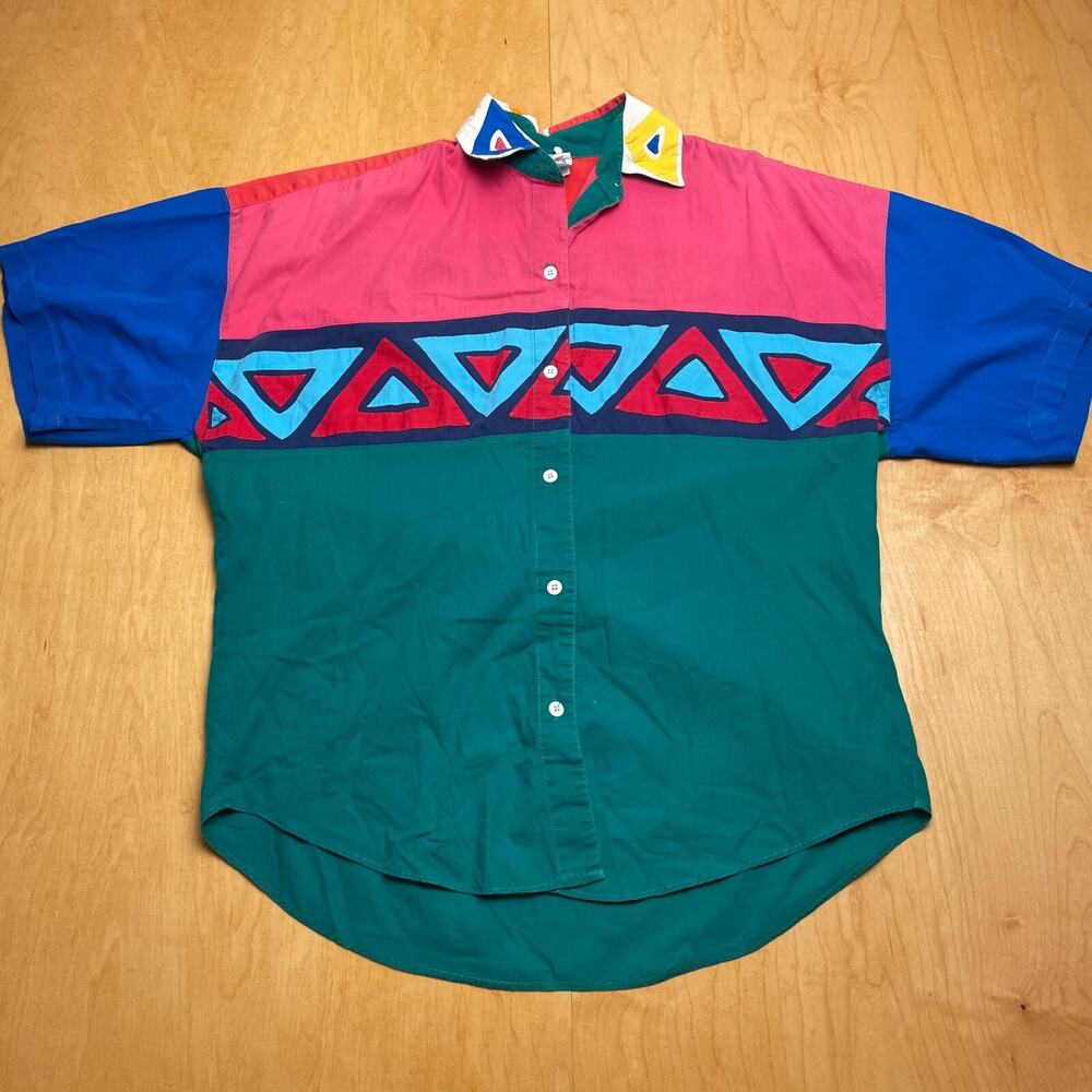 Vintage Mola Collective Small Multicolor Geometric Short Sleeve Collared Shirt